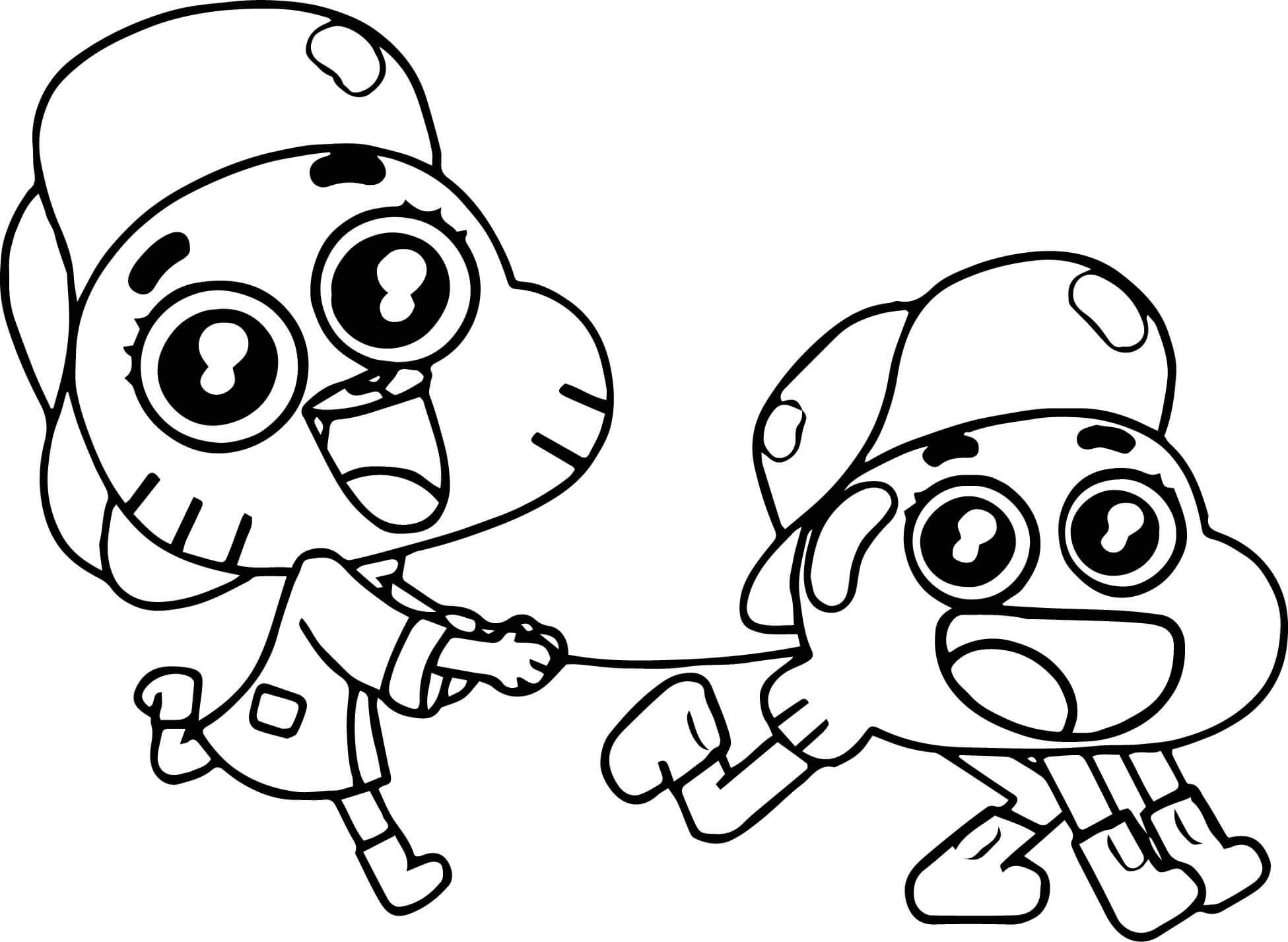 Dibujo de Linda Gumball y Darwin Caminando para Colorear y Imprimir