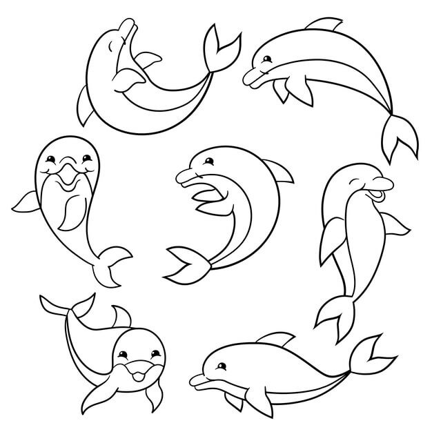 dibujo conjunto de delfines divertidos para colorear