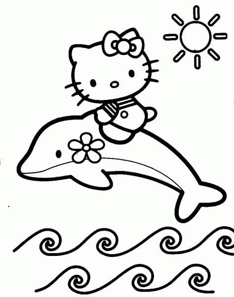 dibujo delfin montando hello kitty para colorear