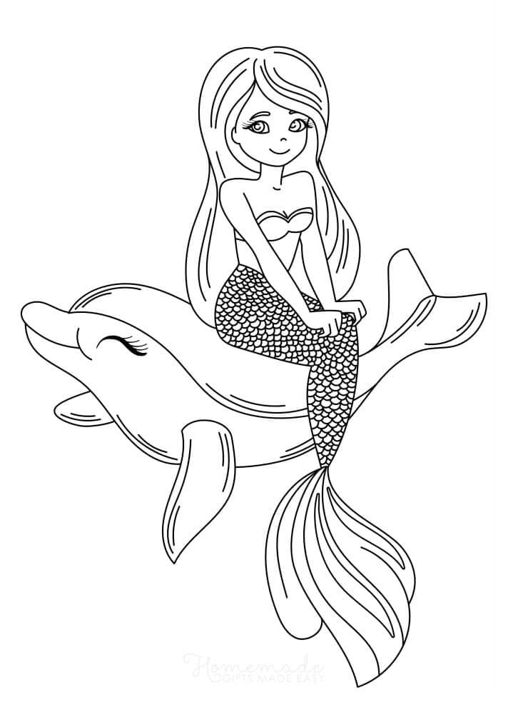 dibujo sirena sentada sobre delfines para colorear