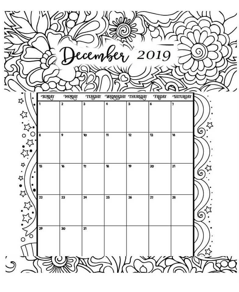 Dibujo de Calendario Diciembre 2019 para Colorear y Imprimir