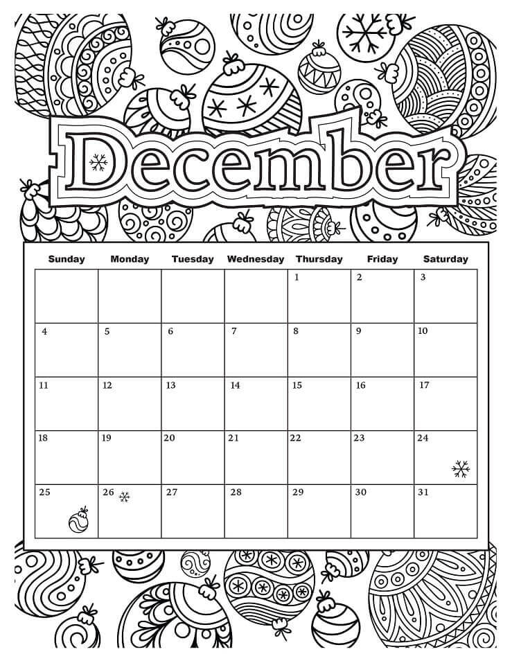 Dibujo de Calendario Diciembre para Colorear y Imprimir