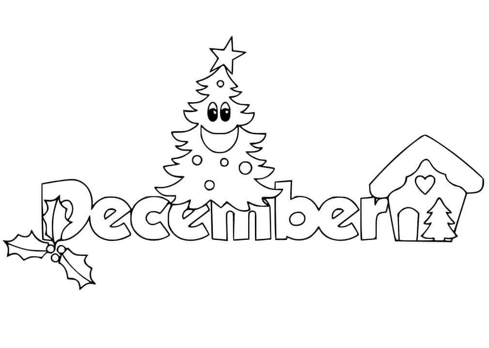 Dibujo de Diciembre Con Árbol de Navidad para Colorear y Imprimir