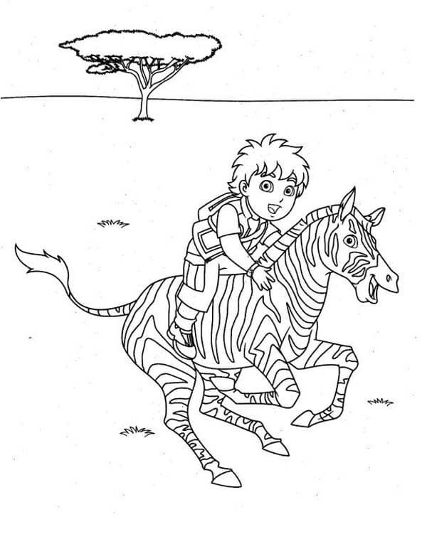 Dibujo de Diego Monta Una Cebra para Colorear y Imprimir