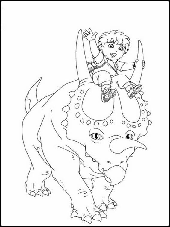 Dibujo de Diego Montando Un Dinosaurio de Tres Cuernos para Colorear y Imprimir