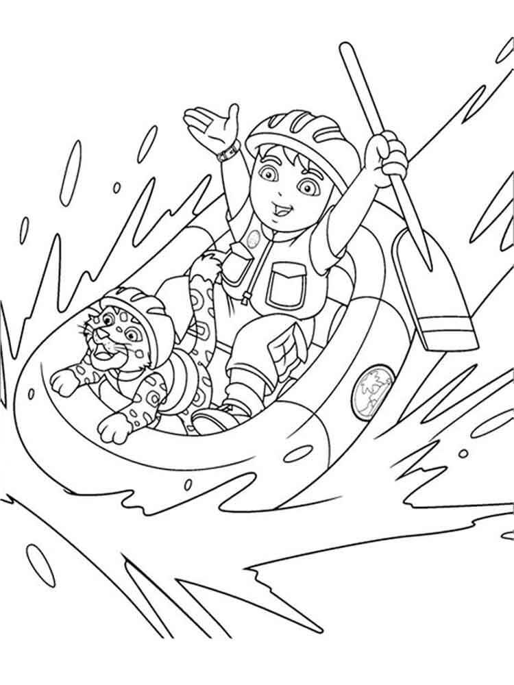 Dibujo de Diego y Bebé Jaguar Remando para Colorear y Imprimir