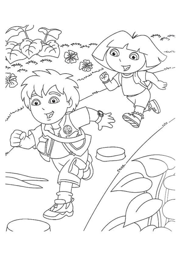 Dibujo de Diego y Dora Corriendo para Colorear y Imprimir
