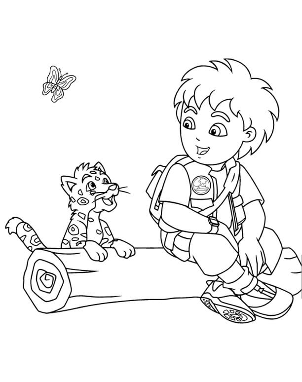 Dibujo de Diego y El Bebé Guepardo para Colorear y Imprimir