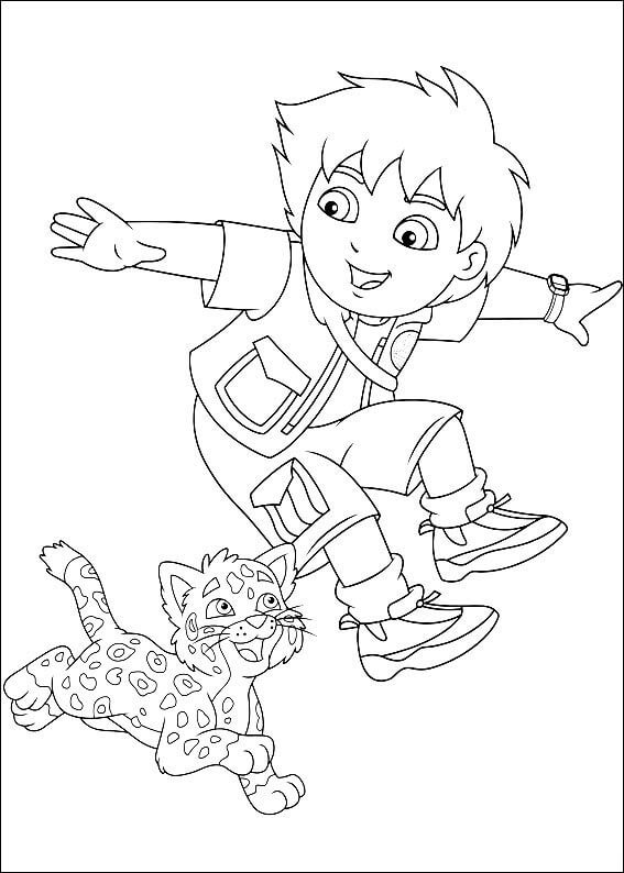 Dibujo de Diego y El Bebé Jaguar Felices para Colorear y Imprimir