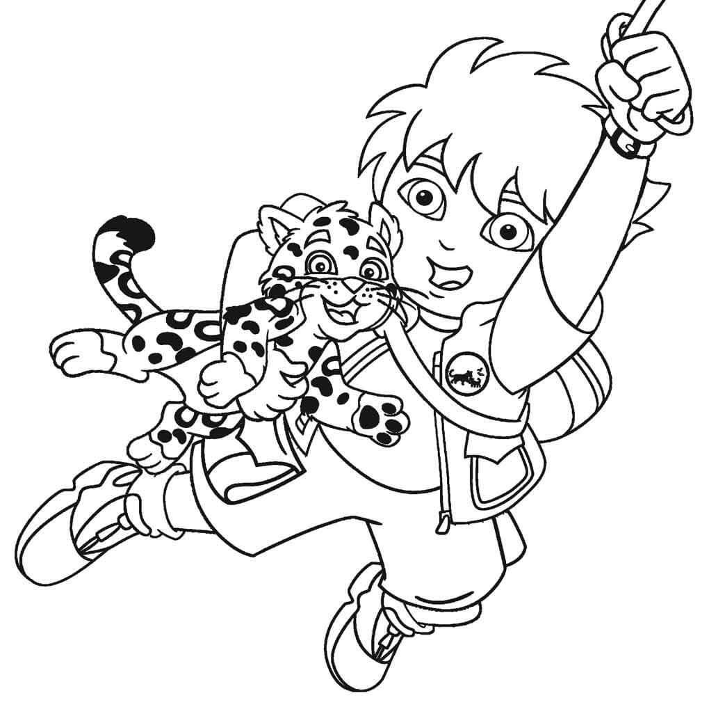 Dibujo de Diego y Jaguar Divertidos para Colorear y Imprimir