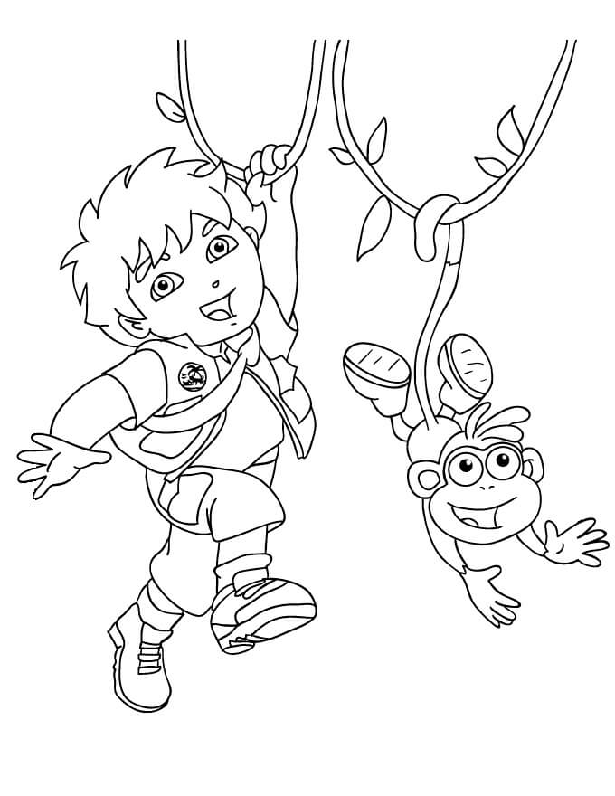 Dibujo de Diego y Mono Escalando para Colorear y Imprimir