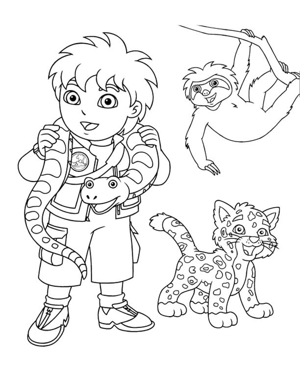 Dibujo de Diego y Tres Animales para Colorear y Imprimir