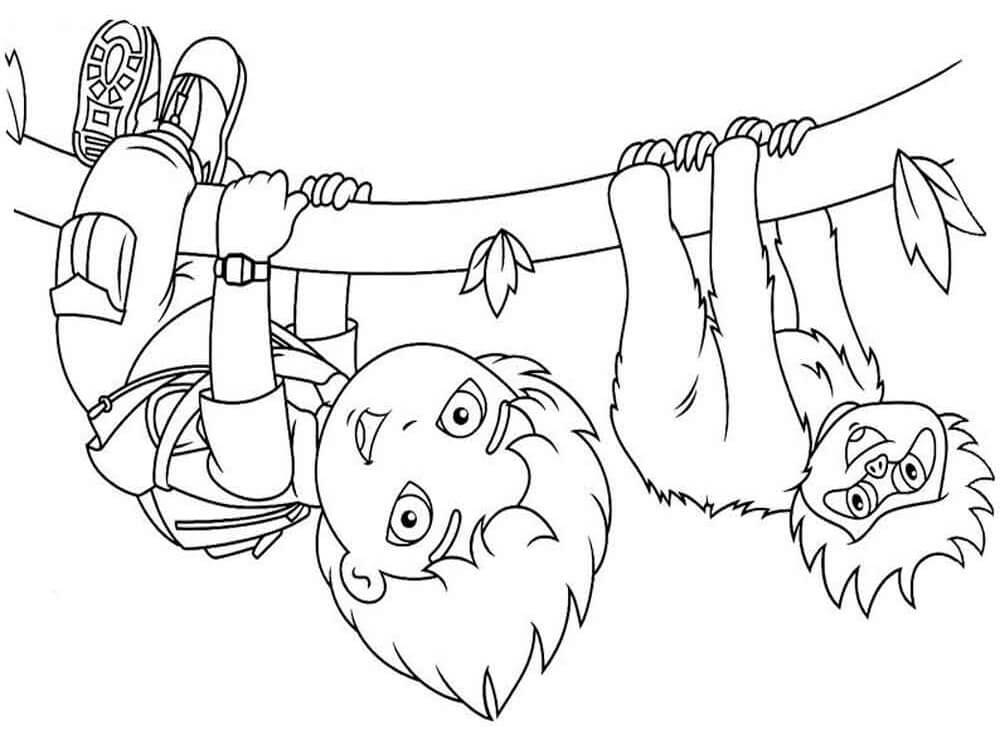 Dibujo de Gracioso Diego y Mono Escalada para Colorear y Imprimir