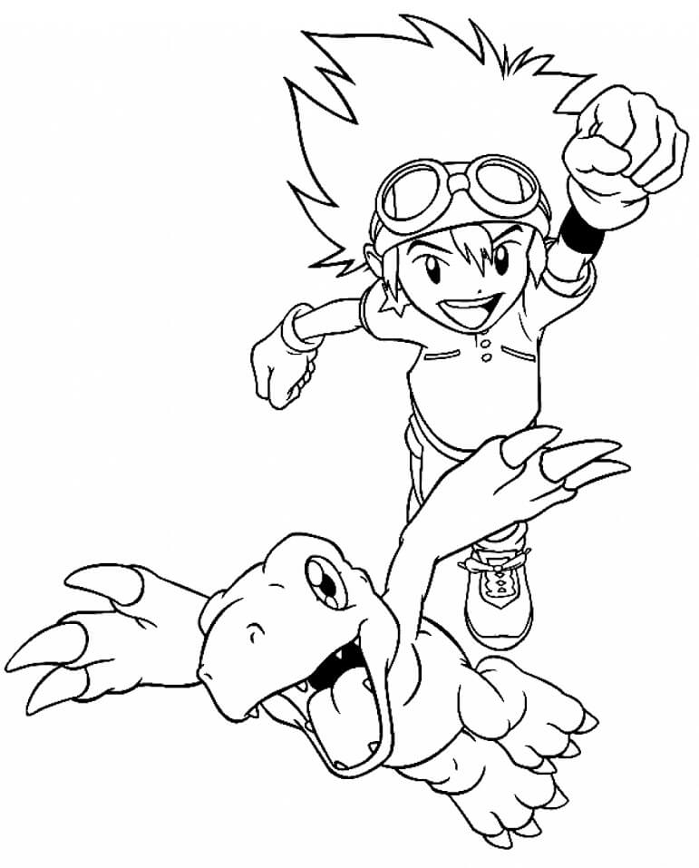 Dibujo de Tai Kamiya y Agumon para Colorear y Imprimir