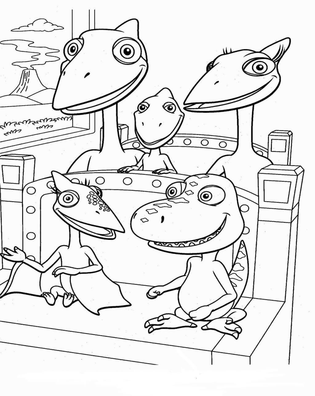 Dibujo de Familia Dinosaurio Tren Sentado para Colorear y Imprimir