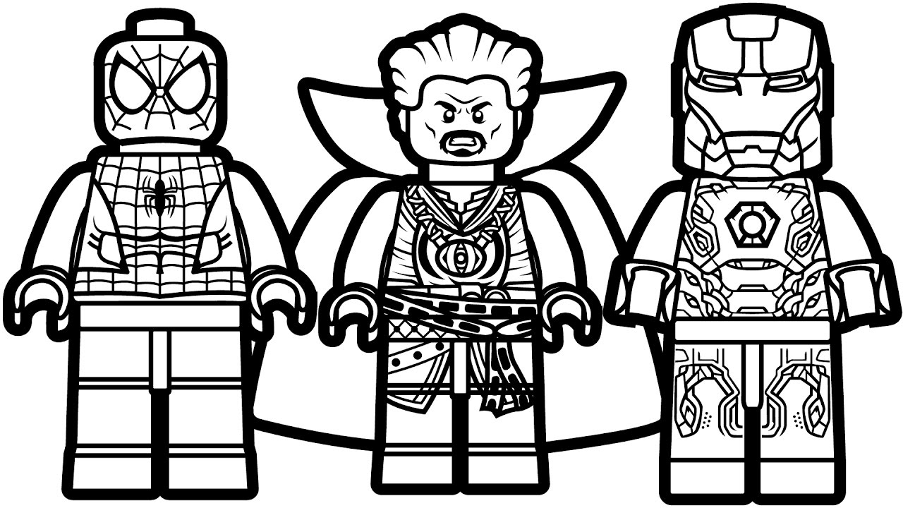 Dibujo de Lego Hombre Araña Doctor Extrano y Hombre de Acero para Colorear y Imprimir