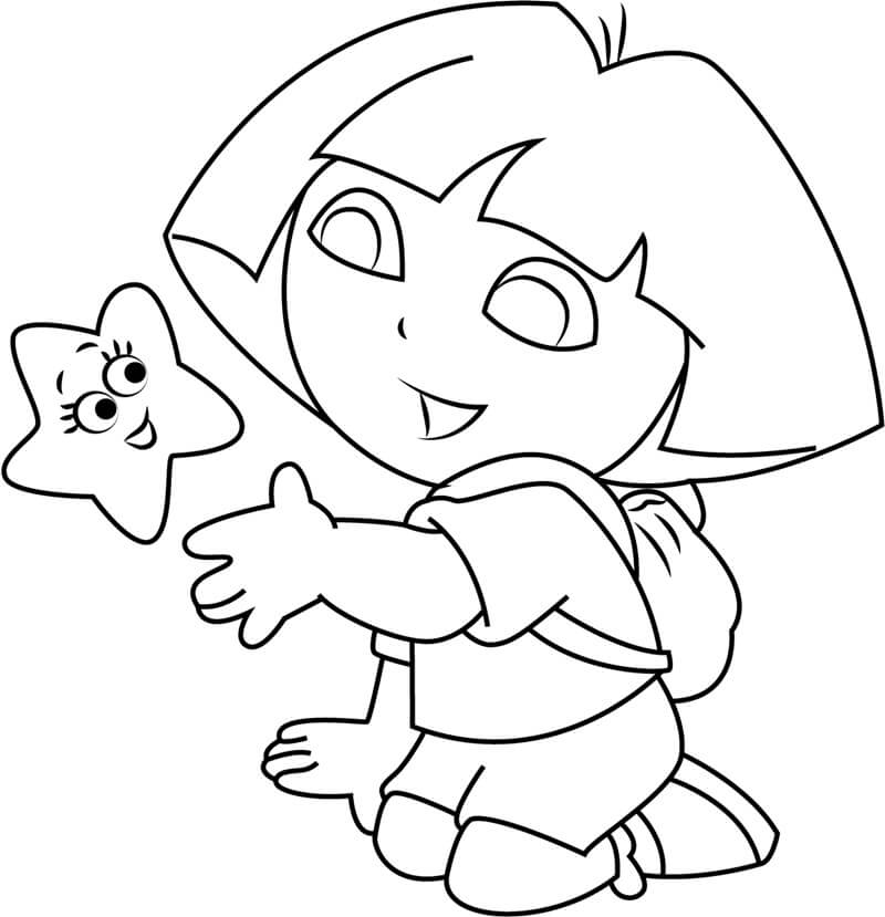 Dibujo de Dora Con Estrella de Dibujos Animados para Colorear y Imprimir