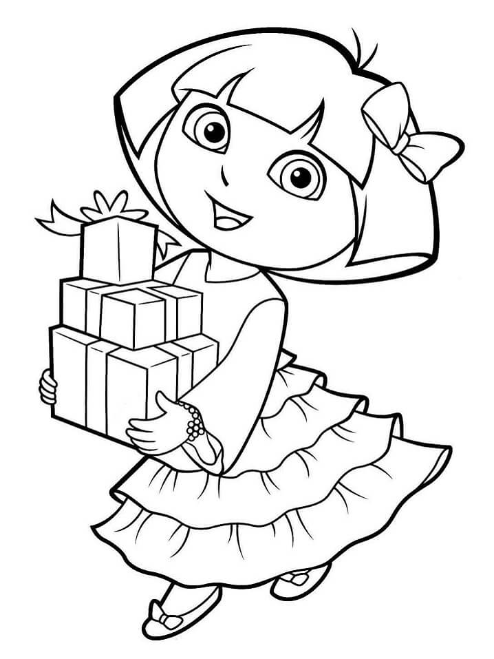 Dibujo de Dora y Regalos para Colorear y Imprimir