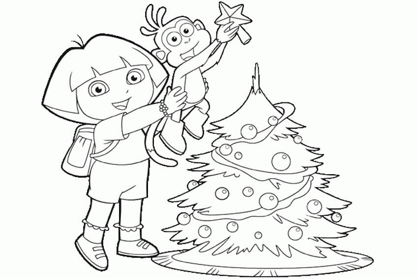 Dibujo de Dora y Botas Navidad para Colorear y Imprimir
