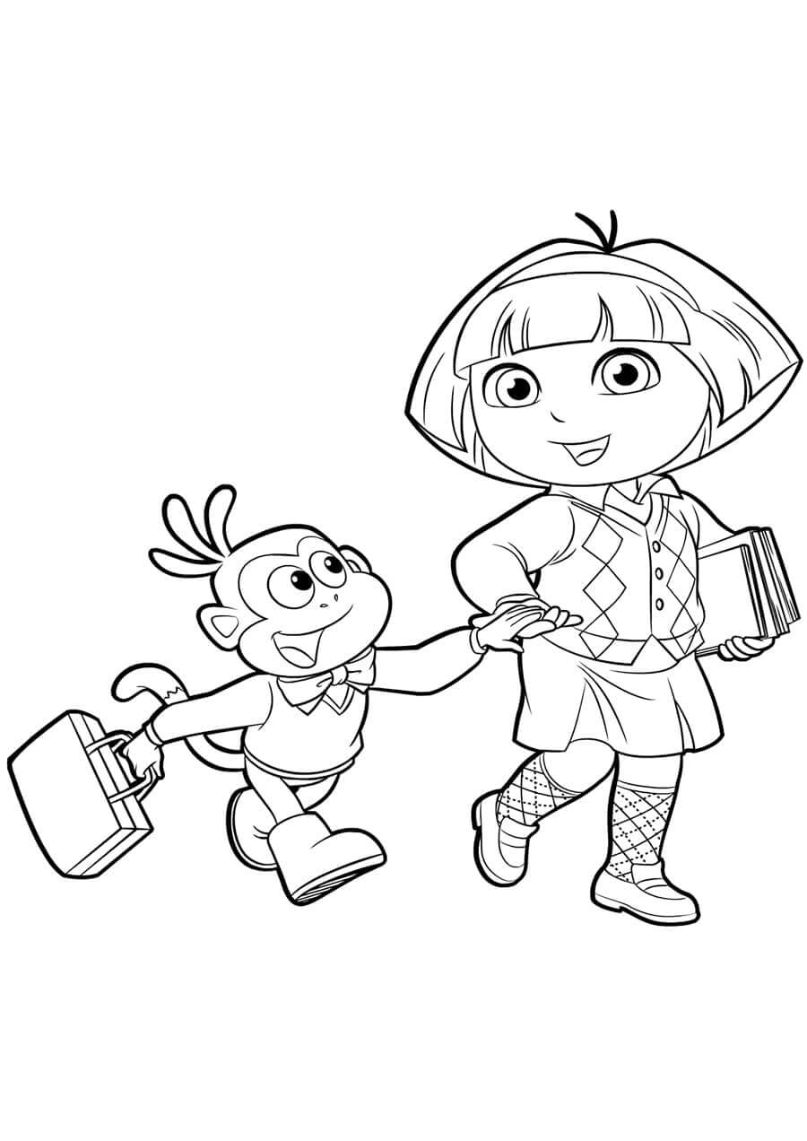 Dibujo de Dora y Botas Van a La Escuela para Colorear y Imprimir