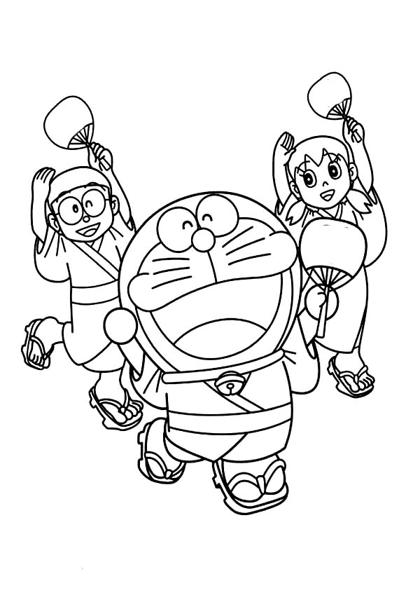 dibujo doraemon con yukata para colorear