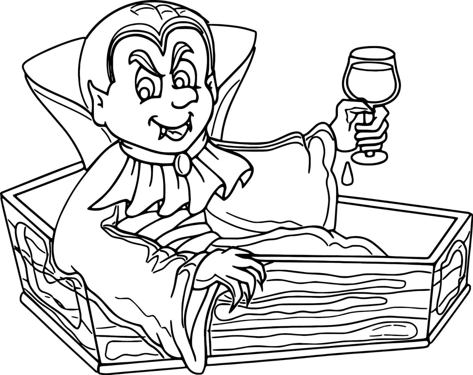 Dibujo de Drácula Sentado En El Ataúd para Colorear y Imprimir
