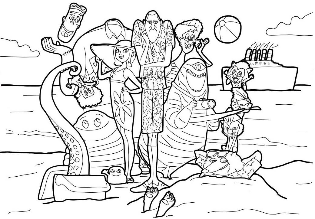 Dibujo de Drácula y Familia En La Playa para Colorear y Imprimir