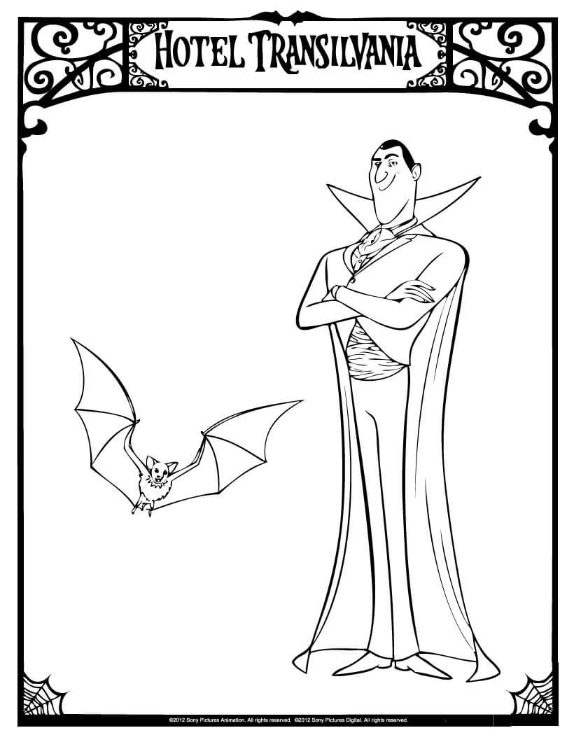 Dibujo de Drácula y Murciélago Volando para Colorear y Imprimir