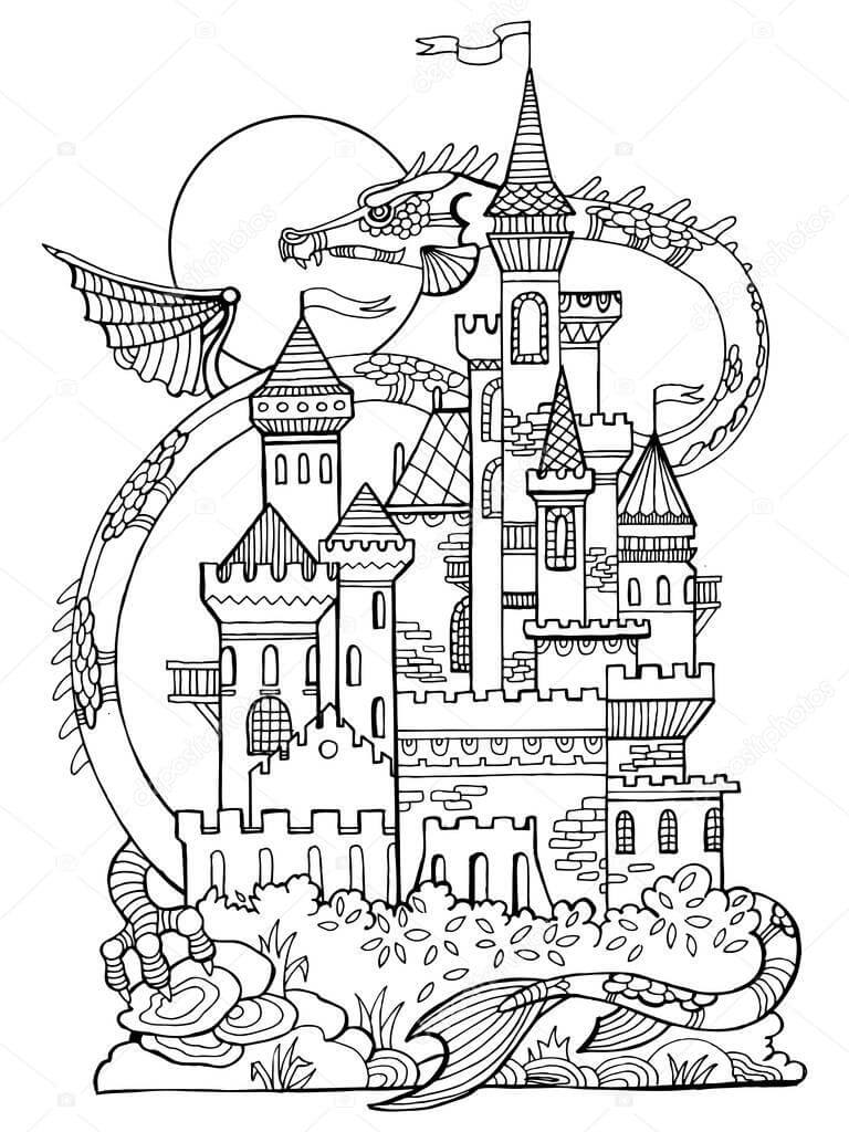 Dibujo Castillo Con Dragon Para Colorear