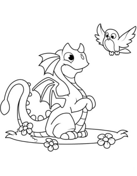 Dibujo Dragon Sentado Y Pajaro Para Colorear