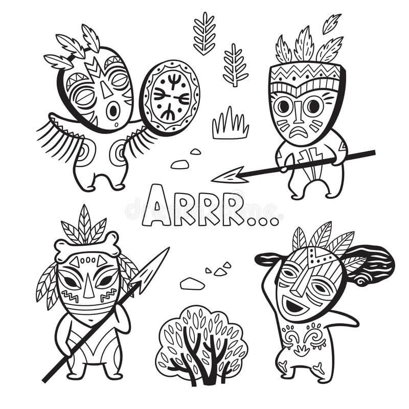 Dibujo de Conjunto de Personas de La Tribu de La Edad de Piedra En Máscaras para Colorear y Imprimir