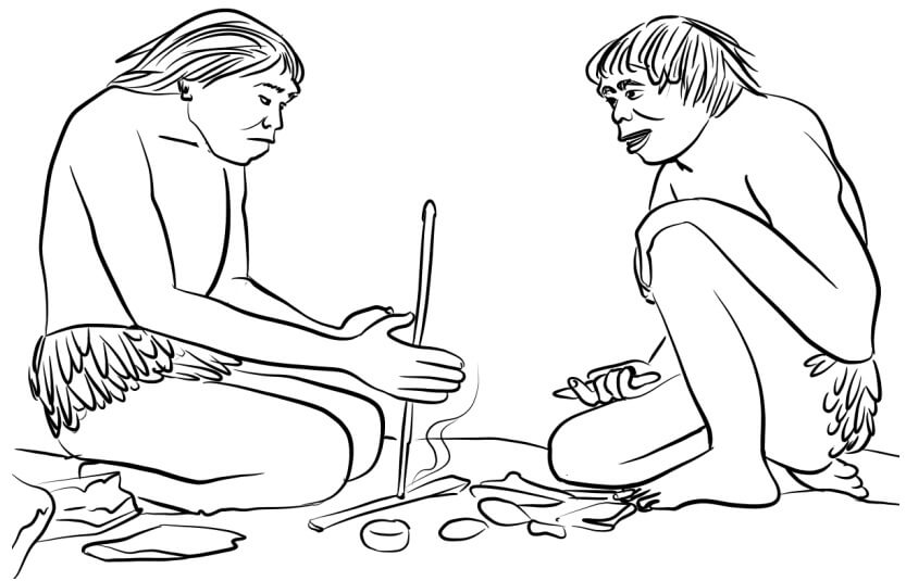 Dibujo de dos Hombre Antiguo Haciendo Fuego para Colorear y Imprimir