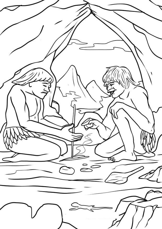 Dibujo de dos Personas Primitivas Hacen Un Fuego para Colorear y Imprimir