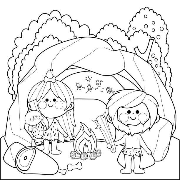 Dibujo de Edad de Piedra Familiar para Colorear y Imprimir