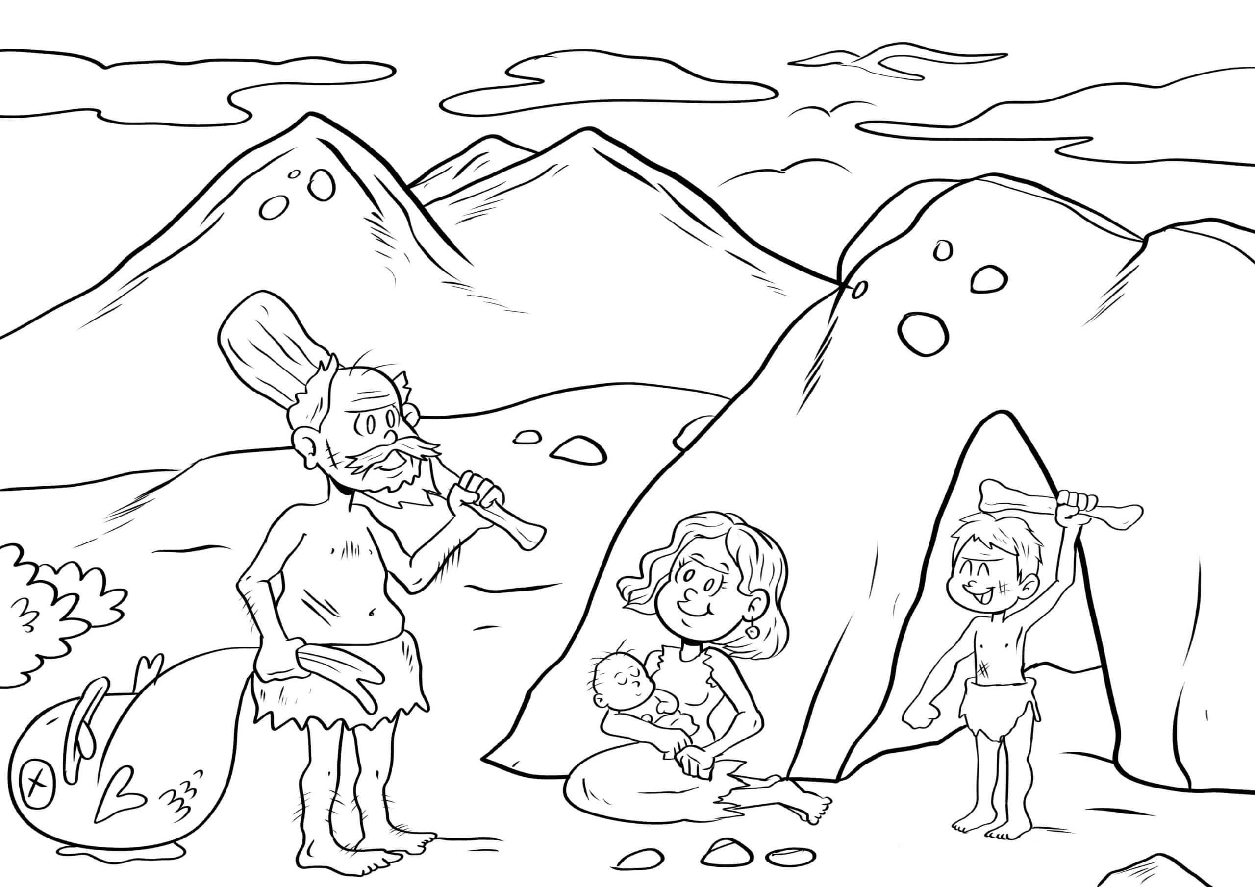 Dibujo de Familia Primitiva para Colorear y Imprimir