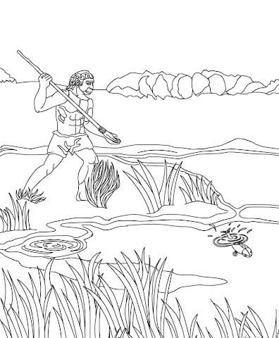Dibujo de Gente Primitiva Pescando para Colorear y Imprimir