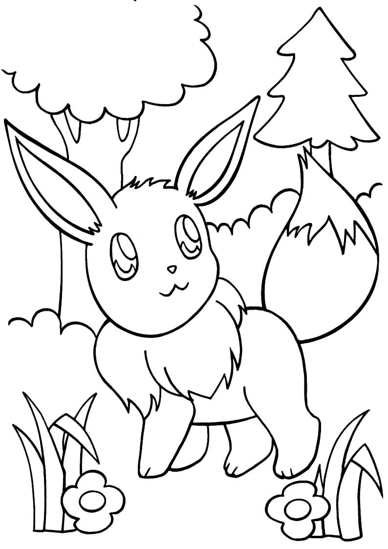 Dibujo de Eevee En El Bosque para Colorear y Imprimir