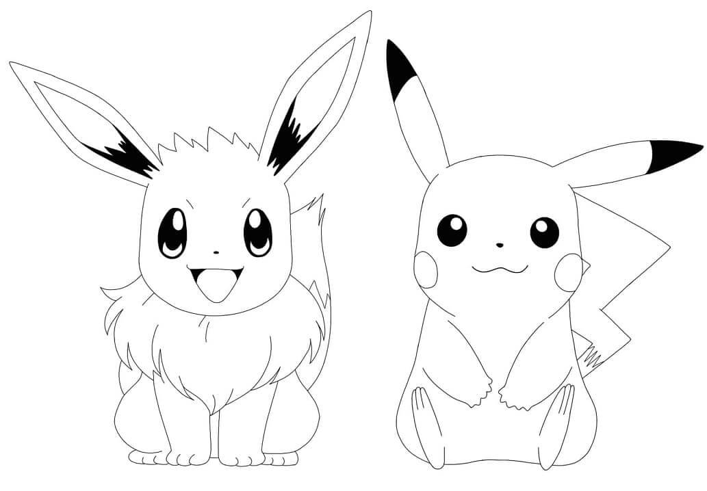 Dibujo de Eevee y Pikachu ¡Feliz para Colorear y Imprimir