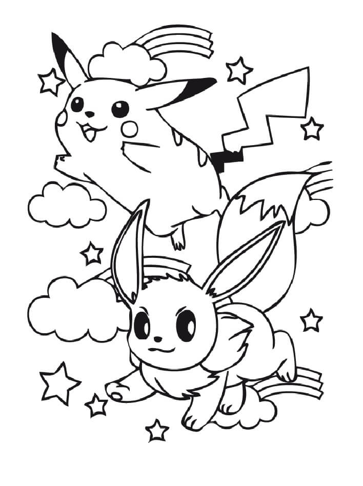 Dibujo de Encantador Eevee y Pikachu para Colorear y Imprimir