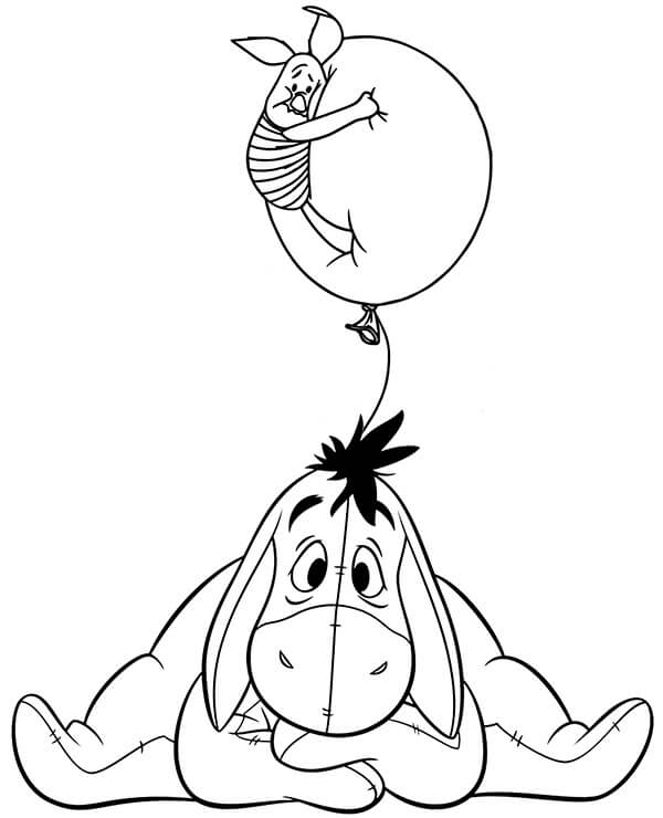 Dibujo de Eeyore y Piglet Con Globo para Colorear y Imprimir