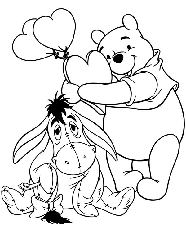Dibujo de Lindo Pooh y Eeyore Con Globo para Colorear y Imprimir