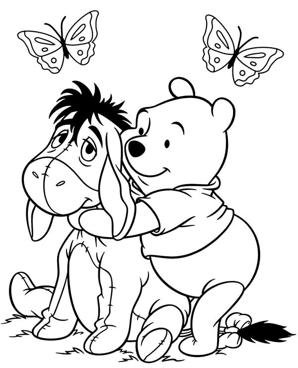 Dibujo de Pooh Con Eeyore y Mariposa para Colorear y Imprimir