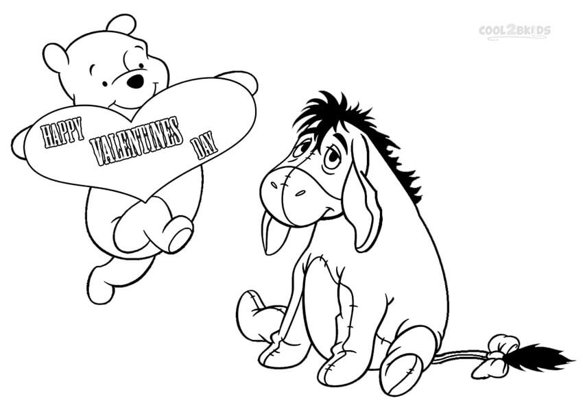 Dibujo de Pooh y Eeyore Con ¡Feliz Día de San Valentín para Colorear y Imprimir