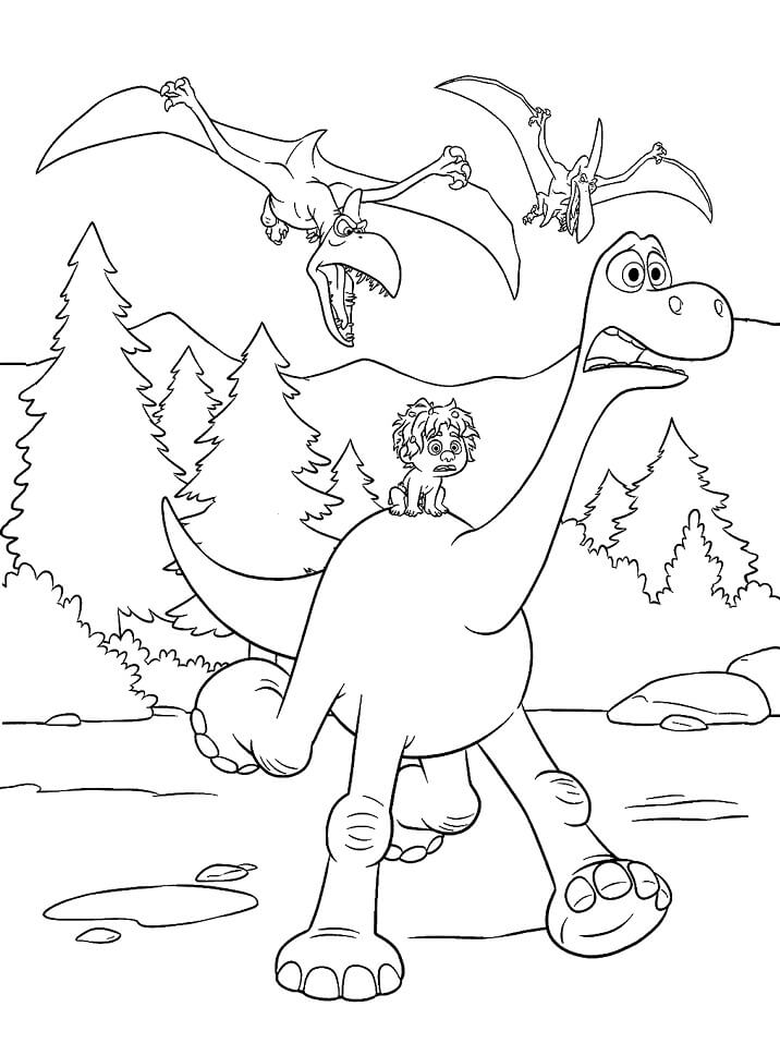 Dibujo de Arlo y Spot Escape de Los Pterodáctilos para Colorear y Imprimir