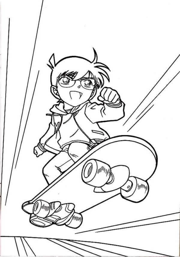 Dibujo de Conan Jugando Patineta para Colorear y Imprimir