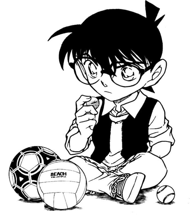 Dibujo de Conan Sentado y Tres Bolas para Colorear y Imprimir