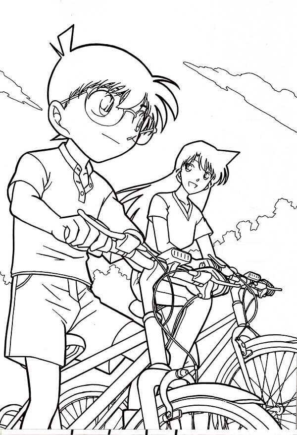 Dibujo de Conan y Ran En Bicicleta para Colorear y Imprimir