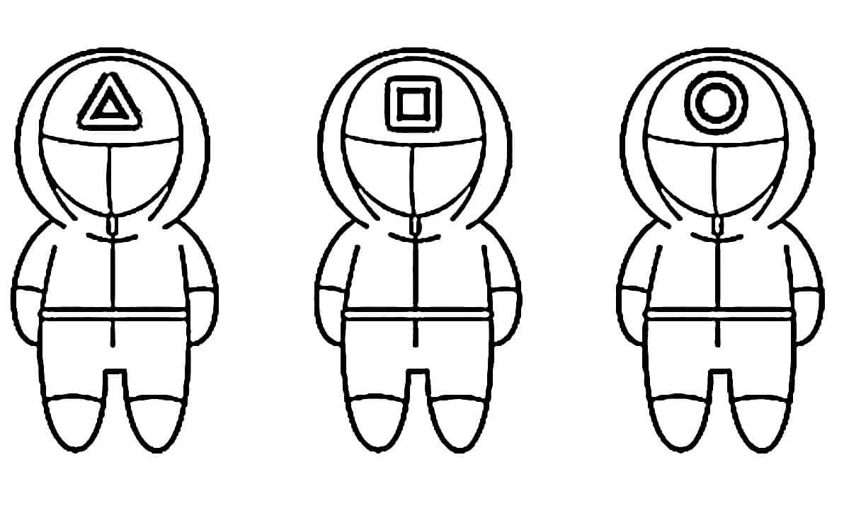 Dibujo de Tres Personas Con Uniforme de La Guardia Roja de Juego de Calamar Chibi para Colorear y Imprimir