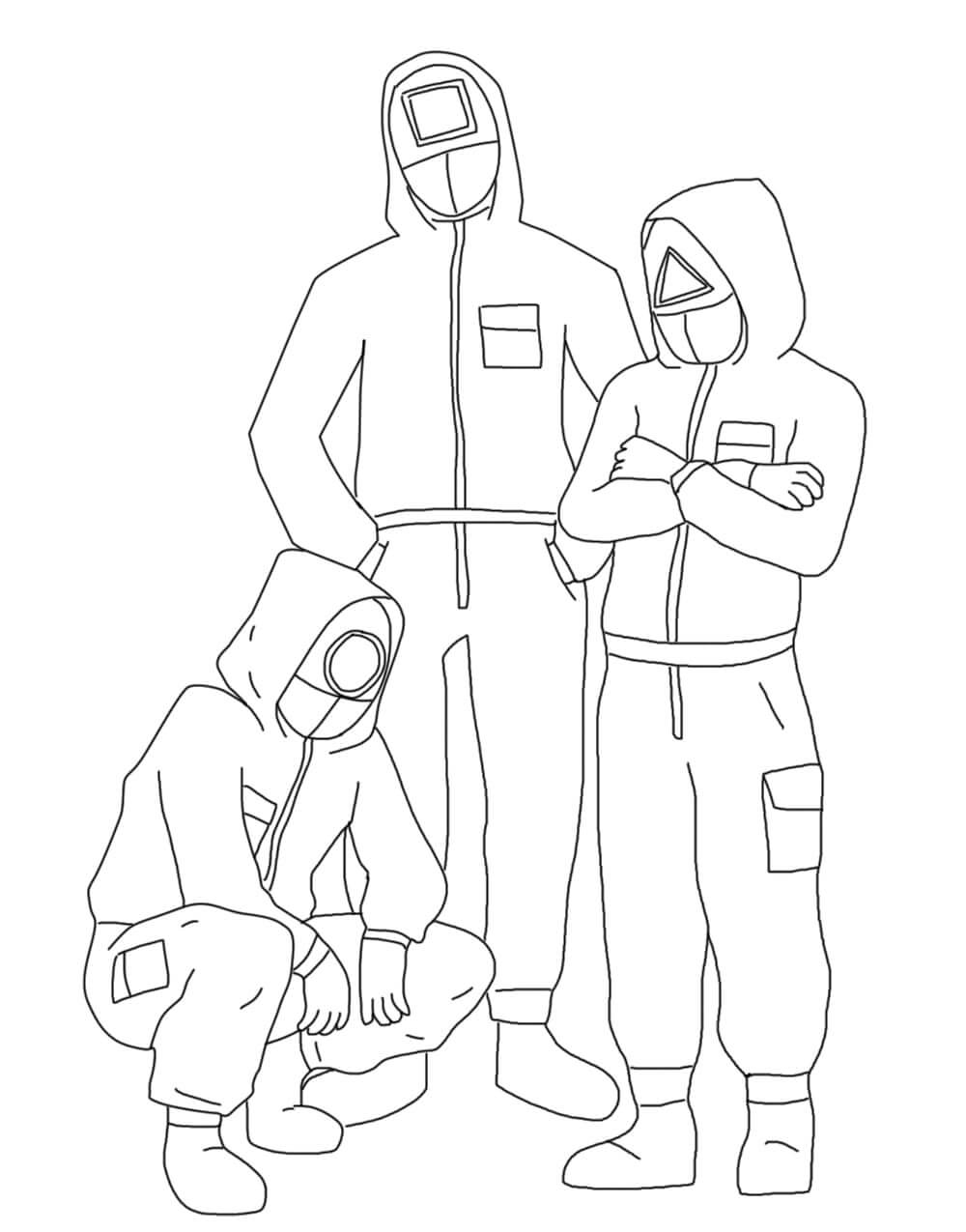 Dibujo de Tres Uniformes de Guardias Rojos de Juego de Calamar para Colorear y Imprimir