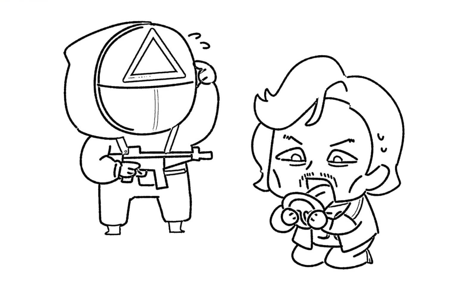 Dibujo de Uniforme de La Guardia Roja Chibi y Chibi Seong Gi Hun para Colorear y Imprimir